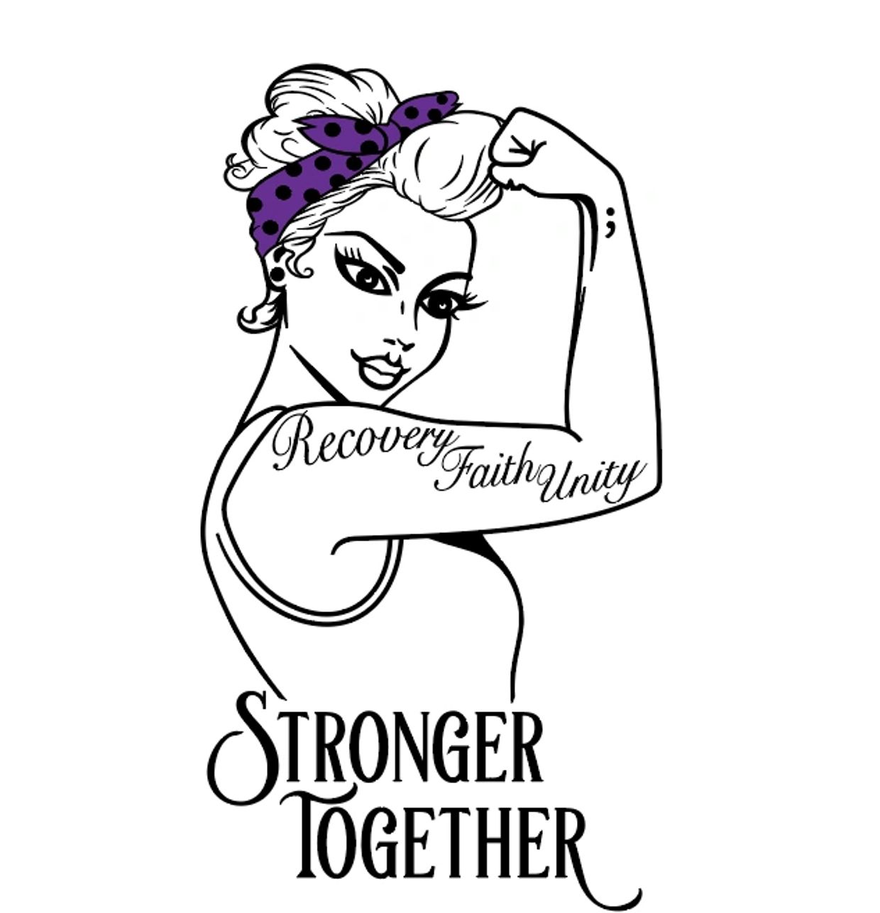 Strong woman flexing with a message of recovery, faith, and unity.