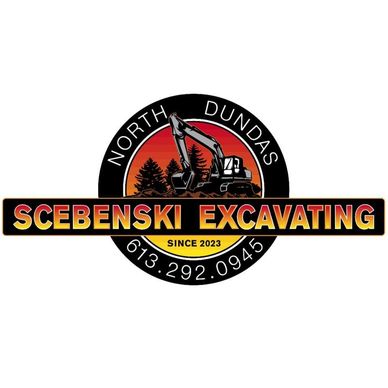 Logo for Scebenski Excavating with excavator and contact info.