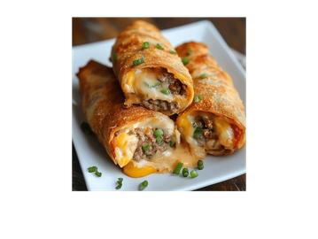 Crispy egg rolls filled with melted cheese, beef, and garnished with chopped green onions.