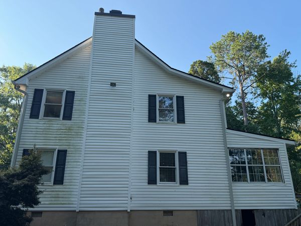 Algae and organic staining on vinyl siding before house washing in Jones County GA