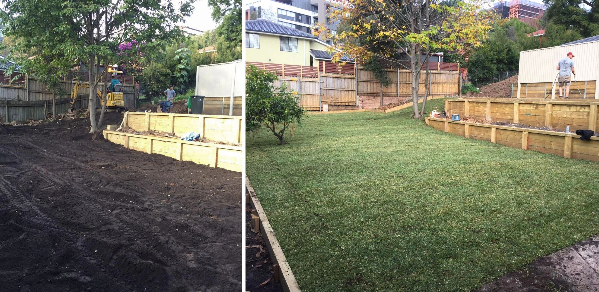 Before: Sydney slope cleared for wall and turf.
After: Level yard with wall and turf.