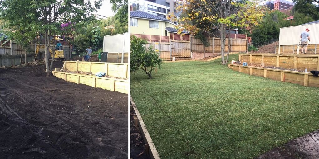 Sydney landscaping project before and after with timber retaining wall and turf installation