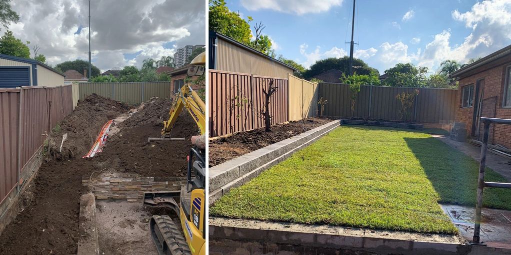 Sydney backyard landscaping with new retaining wall, reshaped garden bed and turf installation