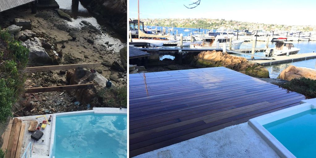 Central Coast poolside landscaping with timber deck installation and polished outdoor finish