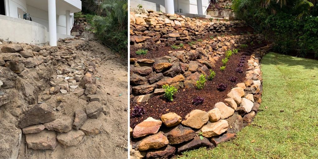 Sydney sandstone retaining wall landscaping with curved garden bed and low maintenance greenery
