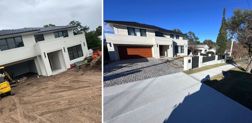 Sydney front yard landscaping with new driveway, garden walls, gates and premium turf installation