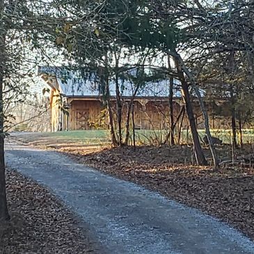 A gravel path leading to a rustic wooden barn surrounded by trees.