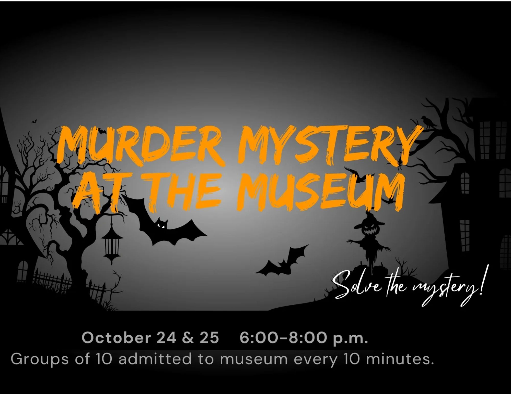 Halloween-themed murder mystery event at the museum with bats and spooky trees.