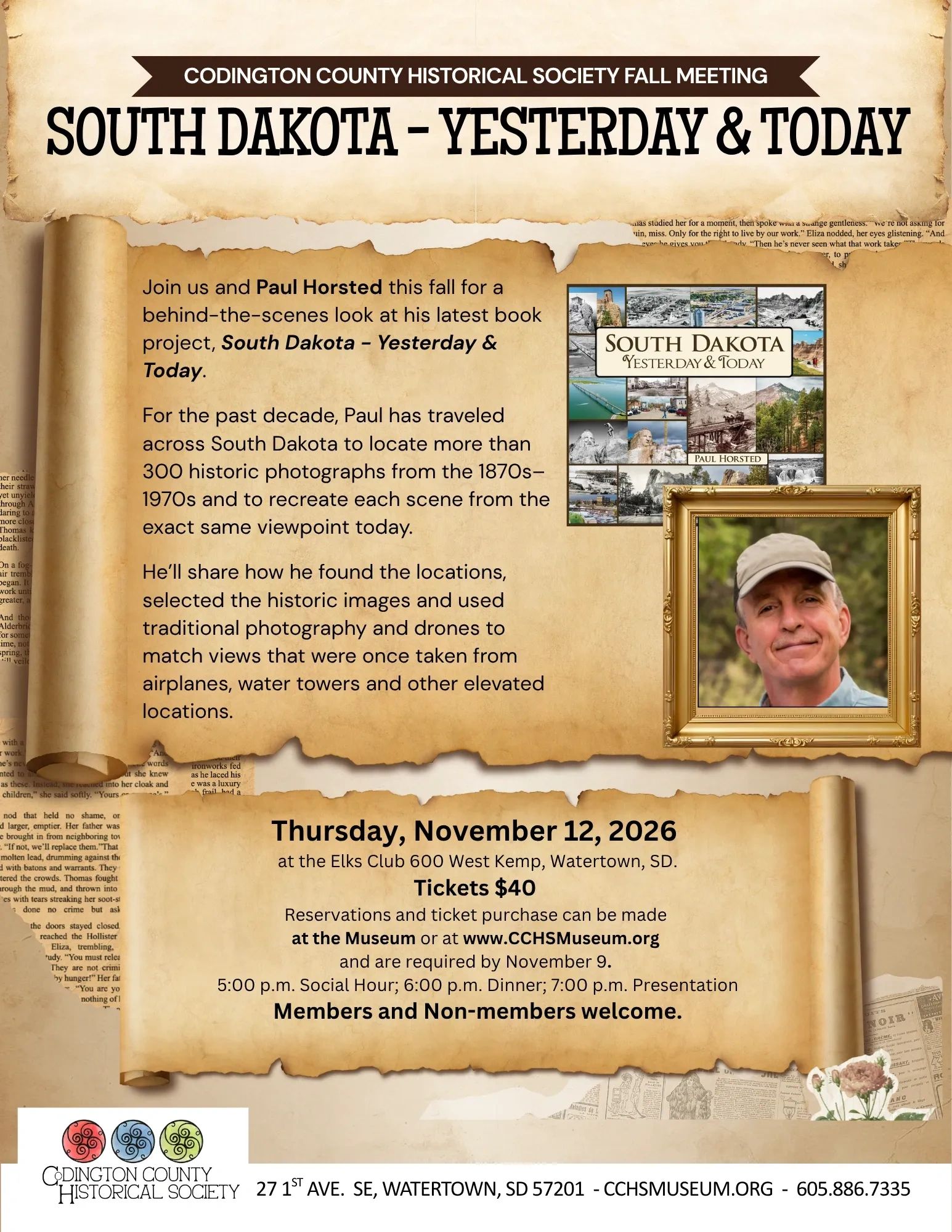 Historical society meeting featuring Paul Horsted's South Dakota photography.