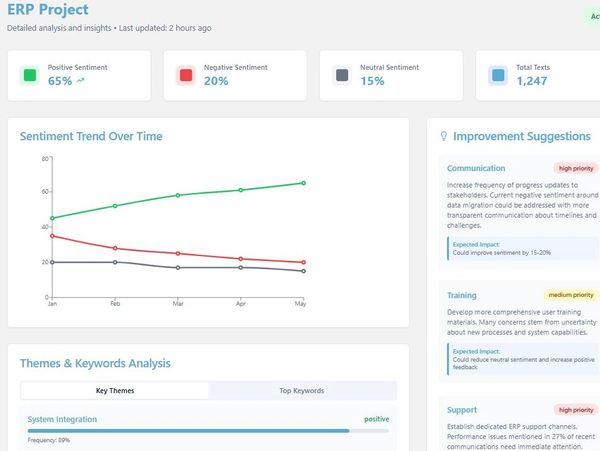 ERP project sentiment analysis and improvement suggestions summary.