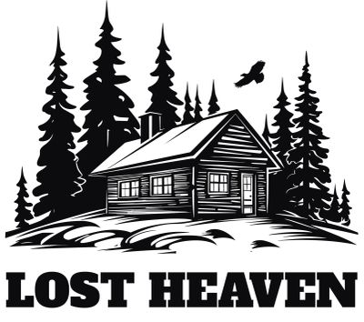 Black and white cabin illustration with trees and text 'LOST HEAVEN'.