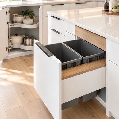 Cuisine moderne avec poubelles intégrées et espace de rangement organisé.