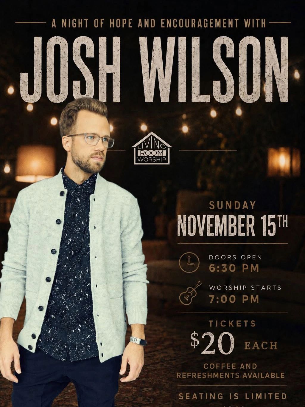 Event poster for Josh Wilson worship night on November 15th.