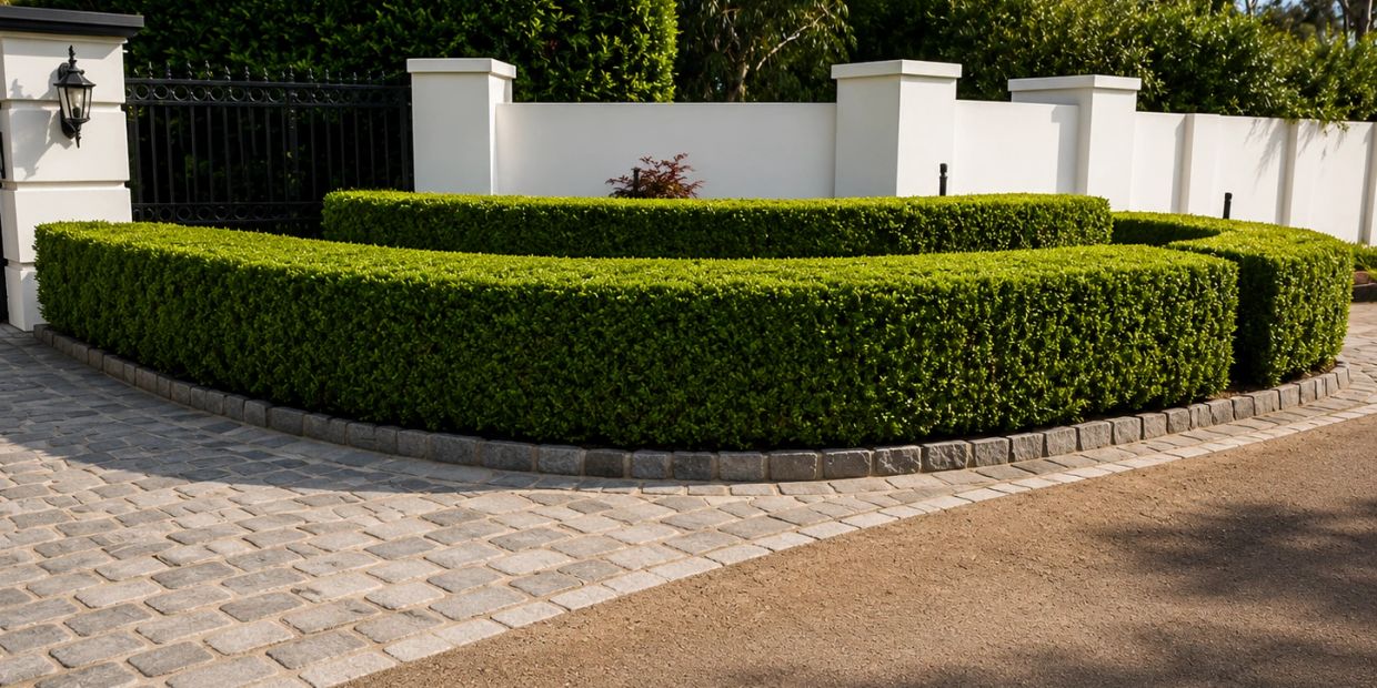 Manicured green hedges along a curved driveway in front of a white fence.