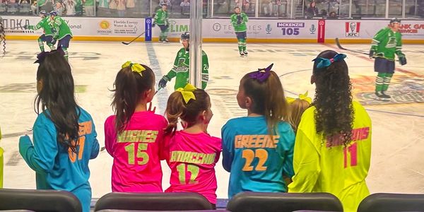 Youth hockey fans in colorful jerseys watch the game from the stands.