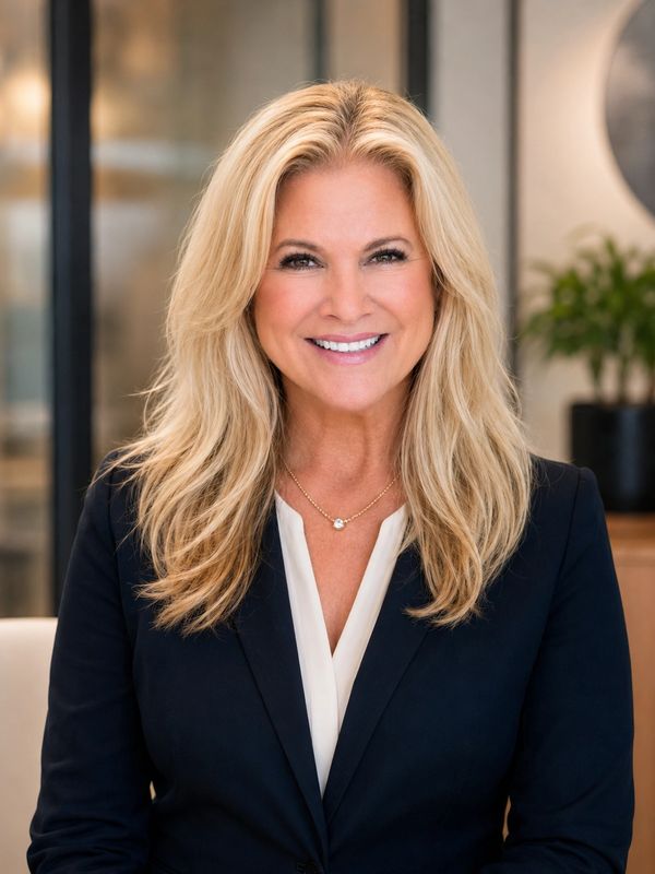 Professional woman with blonde hair smiling in an office setting.