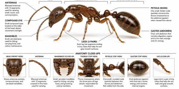 Detailed labeled diagram of Argentine ant anatomy with close-ups and functional descriptions.