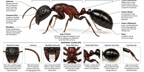 Detailed labeled diagram of carpenter ant anatomy with body parts and close-ups.