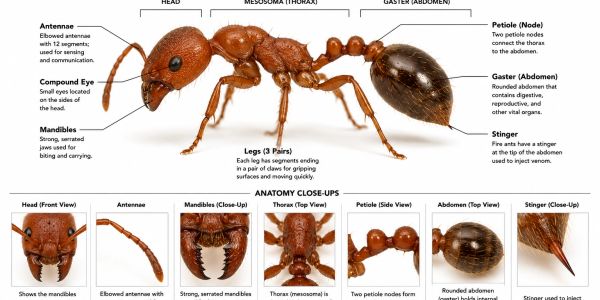 Detailed anatomy of a red imported fire ant with labeled body parts and functions.