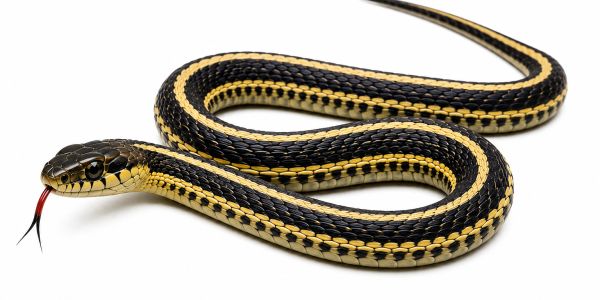 A close-up of a black and yellow garter snake with its tongue out on a white background.