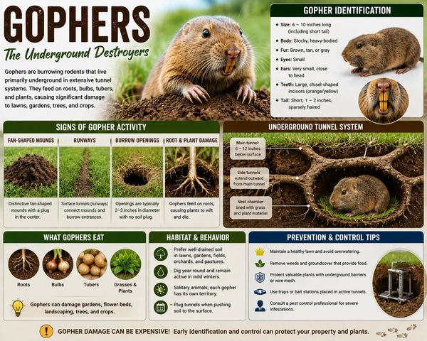 Informative infographic about gophers, their identification, behavior, and control.