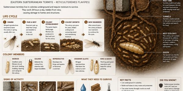 Infographic detailing the life cycle and lifestyle of subterranean termites.