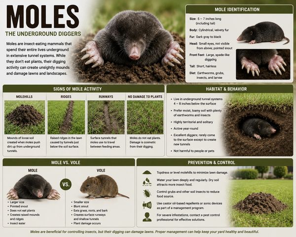 Infographic about moles, their habits, signs, and control methods.