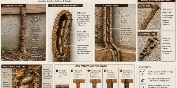 Detailed infographic explaining the structure and function of termite mud tubes.