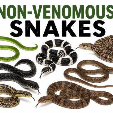 Various non-venomous snakes displayed.