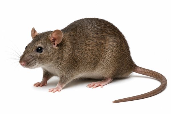 Close-up of a brown rat on a white background.