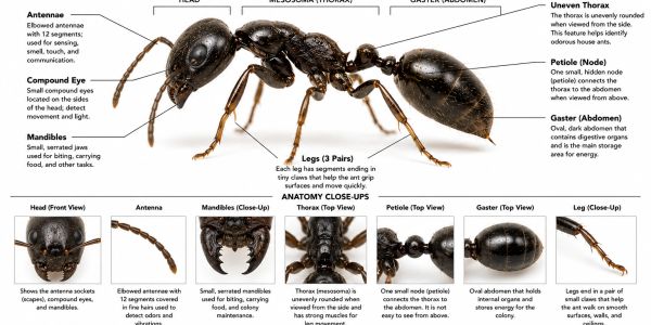 Detailed anatomy diagram of an odorous house ant with labeled body parts and close-up views.