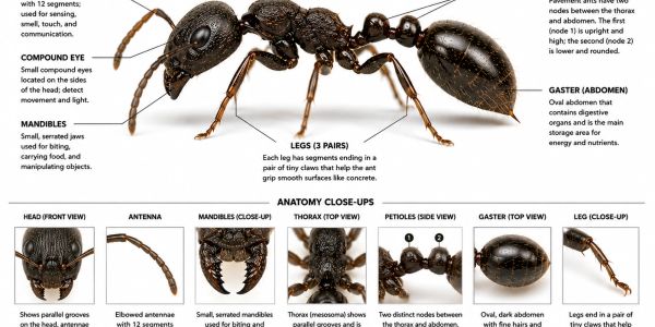 Detailed labeled diagram of pavement ant anatomy with close-up views of body parts.
