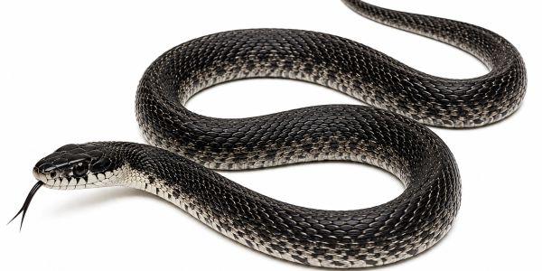 A black and white snake with its tongue out on a white background.