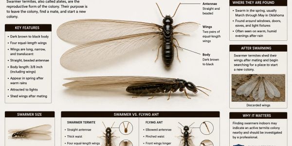 Detailed infographic of Eastern Subterranean Termite swarmers with key features and behaviors.