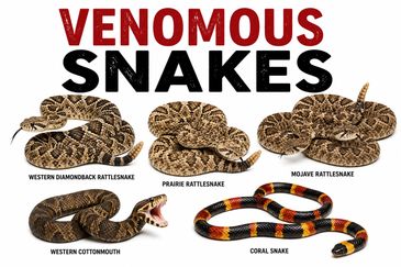 Various venomous snakes including rattlesnakes and coral snake.