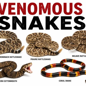 Various venomous snakes including rattlesnakes and coral snake.