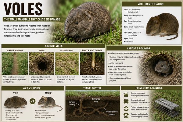 Informative vole infographic with images and control tips.