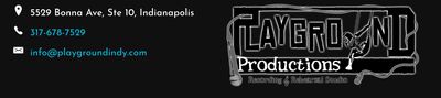 Business card for Playground Productions in Indianapolis with contact details.