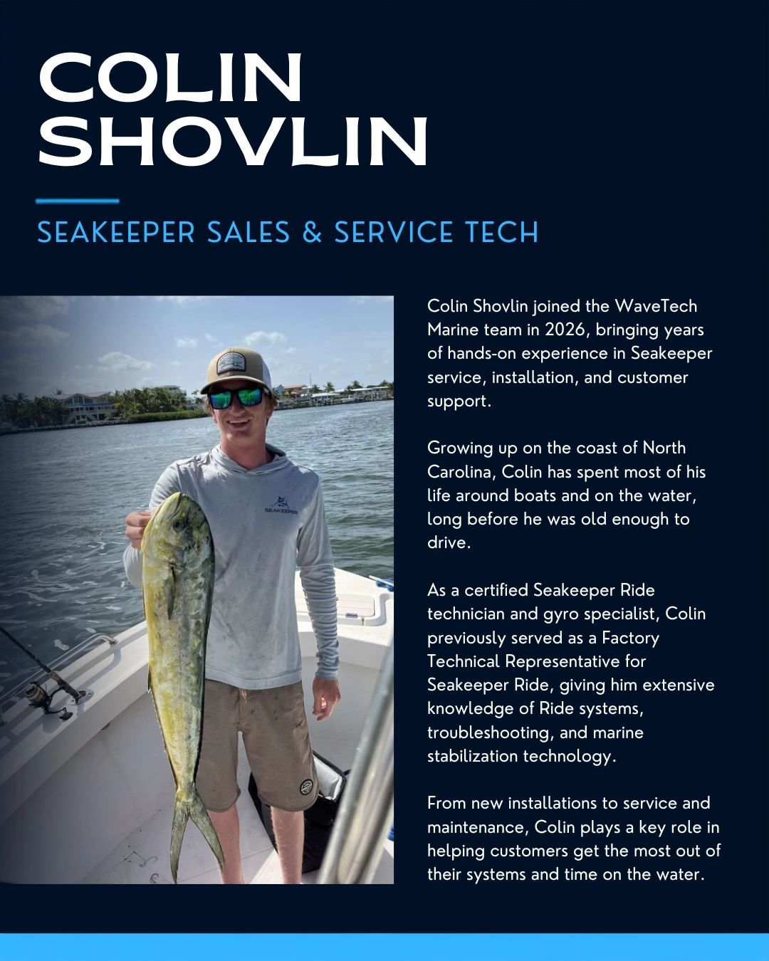 Colin Shovlin holding a large fish on a boat, Seakeeper Sales &amp; Service Tech.