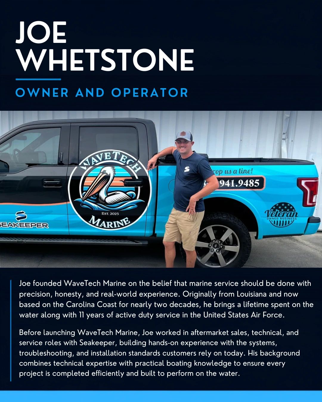 Joe Whetstone, owner of WaveTech Marine, stands by his company truck.