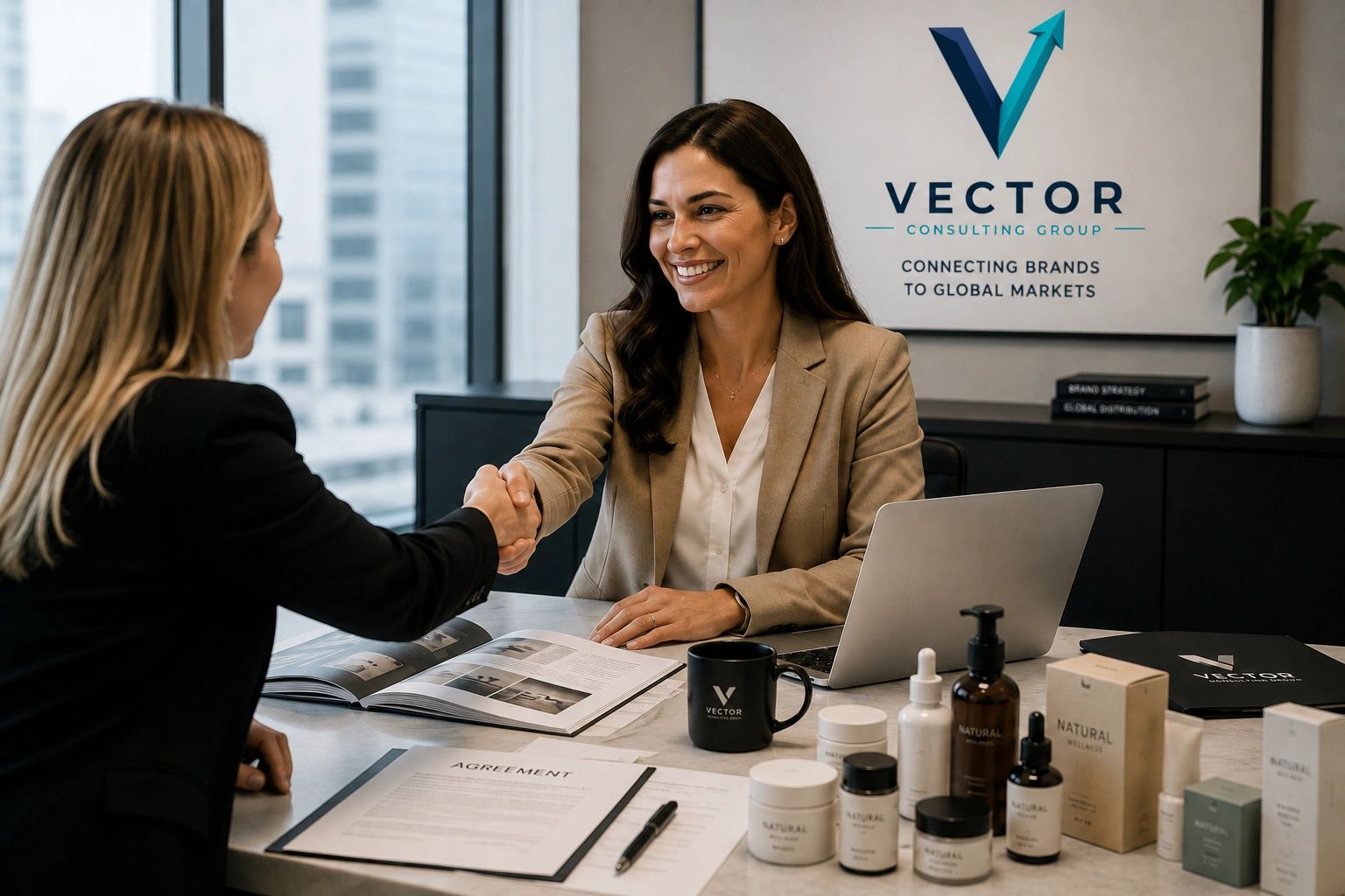 Two women shaking hands in a professional office setting.