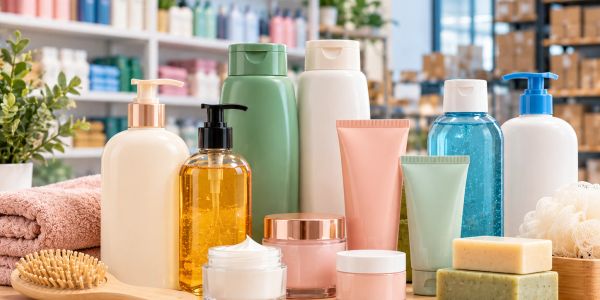 Productos de cuidado personal organizados en una superficie.
