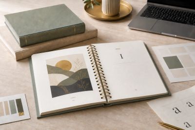 Open planner with abstract art and workspace items.