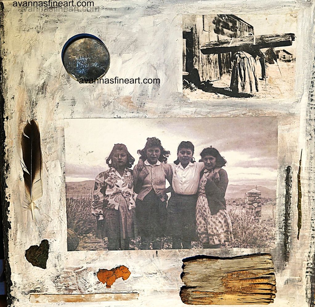 Vintage collage with old photos, feathers, rust, and wood on textured background.