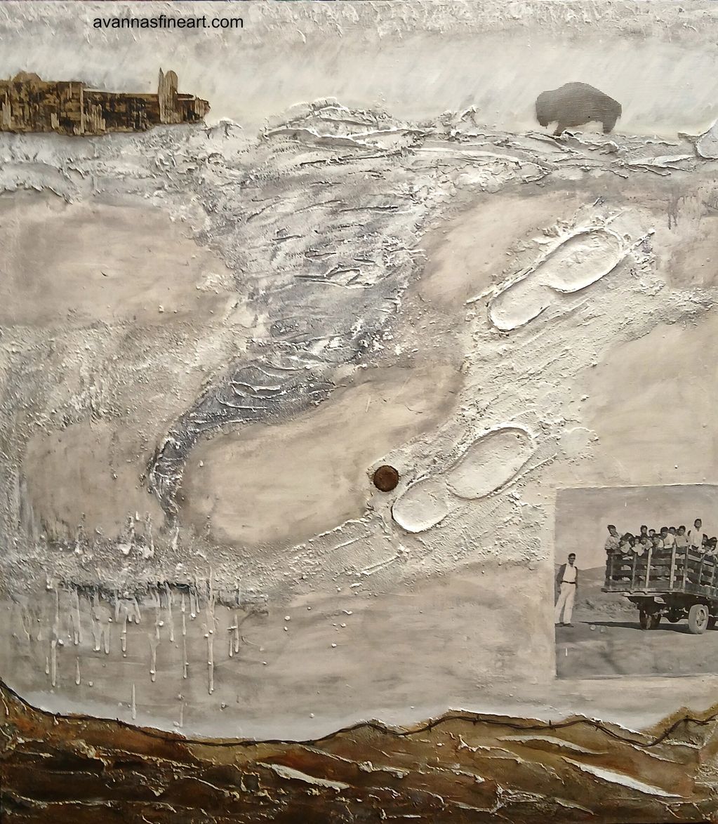 Mixed media artwork featuring footprints, textured surfaces, and a vintage photo of workers on a truck.