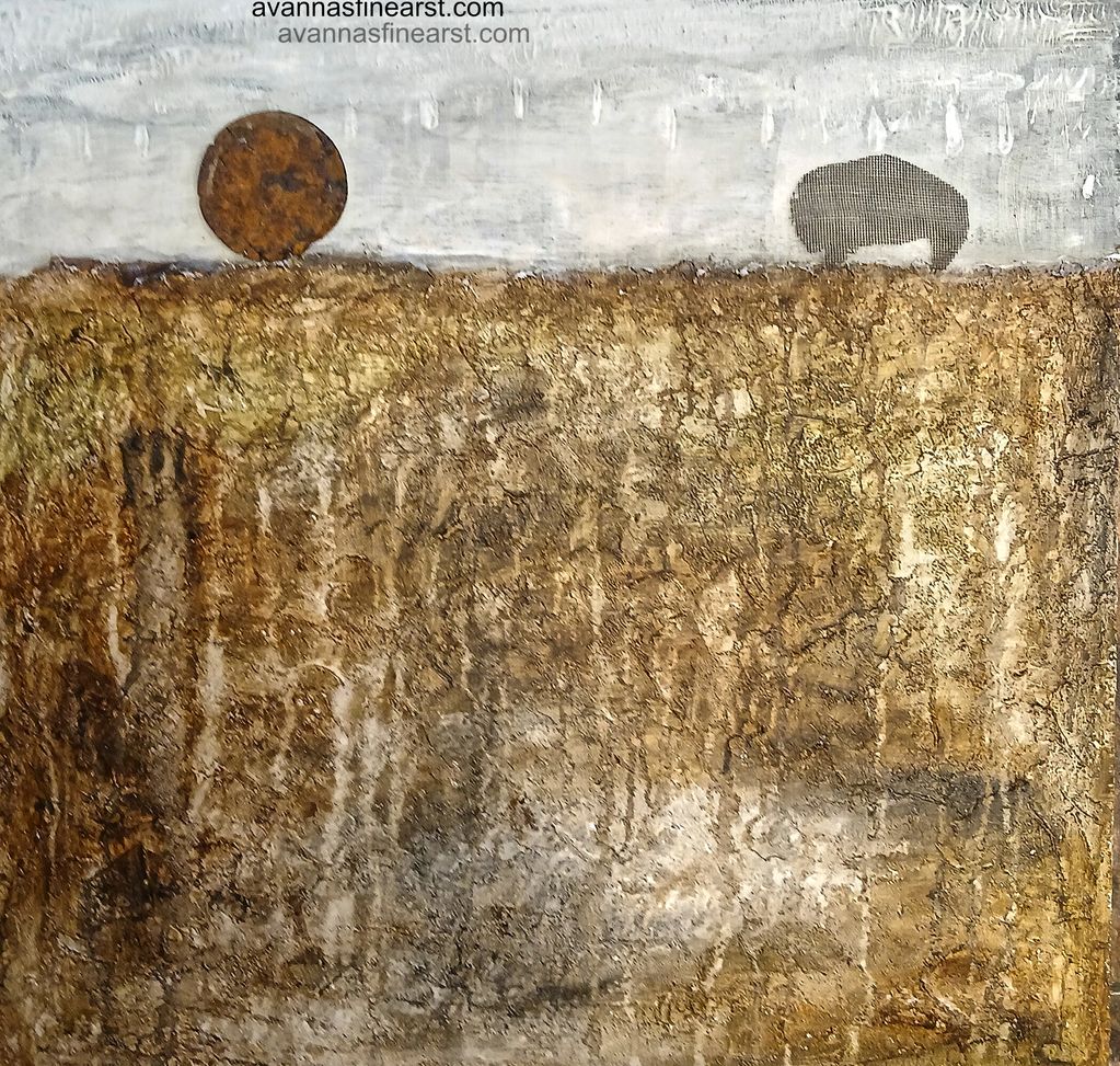 Rust Buffalo #5. The s
Sand Holds our Ancestors. Mixed Media, Rust screen, tin lid, cement, acrylic.