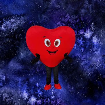 Person in a large, red heart costume floating against a starry blue galaxy backdrop.