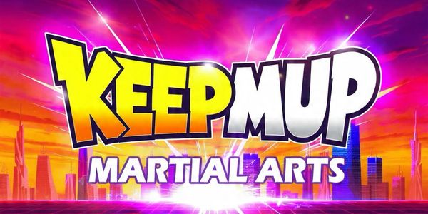 Bright, bold logo for KeepMUD Martial Arts against a vibrant cityscape.