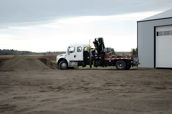 A white truck with a crane attachment parked on a gravel lot near a storage building.