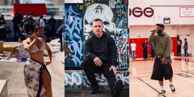 Three individuals performing in different artistic settings.